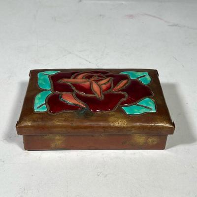ARTS & CRAFTS COPPER & ENAMELED BOX | Ando Jubei Japanese lidded trinket box, with maker's mark on bottom, with red enameled...