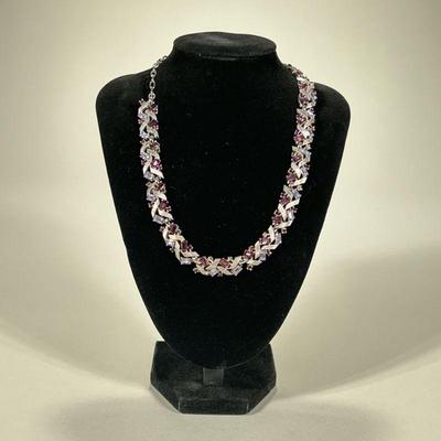 (1pc) Trifari Necklace | Adjustable length, with purple and aqua blue glass faceted "gemstones" - l. 18 in


