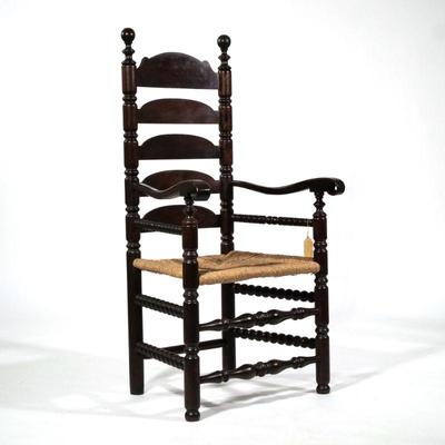 19th C. BANNISTER BACK CHAIR | Late 19th/ E 20th C. Bannister back armchair, sausage turnings, spindle turnings, contour armrests with...