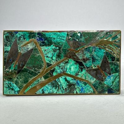 LOS CASTILLO TAXCO MOSAIC INLAID BOX | Mexican Los Castillo box with inlaid lid of turquoise, silver, and brass depicting butterflies...