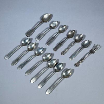 (12pc) MIXED STERLING SILVER FLATWARE | Including: 7 engraved spoons, 2 engraved spoons marked “J Shoemaker”, J.R. Armigeroo floral...