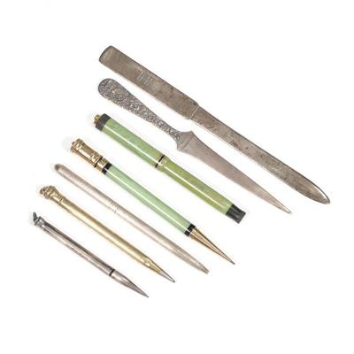 (7pc) TIFFANY STERLING, PARKER & OTHER DESK ITEMS | Including two Bakelite and gold Parker pens (one Lucky Curve), a Wahl gold-filled...