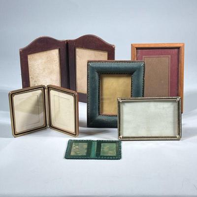 (6pc) PICTURE FRAMES | Including 2 leather-bound pair of folding frames, a formed brass frame, and more! -w. 5.5 x l. 8.5 in

