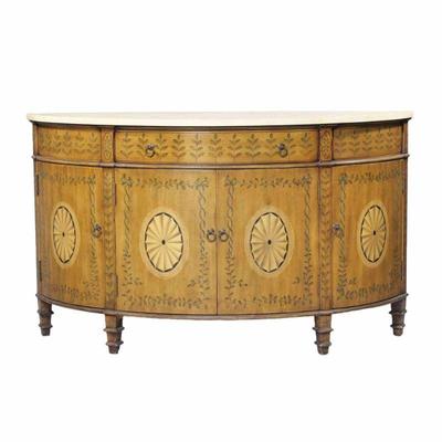 PAINT DECORATED DEMI LUNE CONSOLE CABINET | Buffet cabinet having single drawer over 4 cabinet doors painted with linenfold devices. - h....