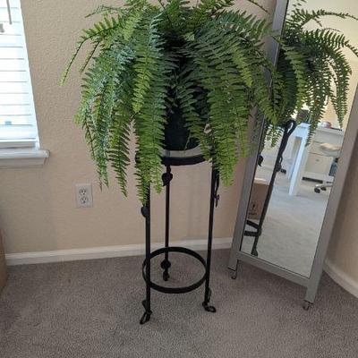 Lot #57 - Metal Plant Stand with Glass Top Plus Faux Fern