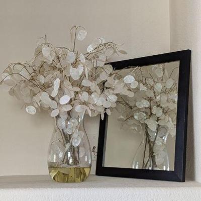 Lot #82 - Faux Silver Dollar/Lunaria Stems in Glass Vase & Complementing Wall Mirror