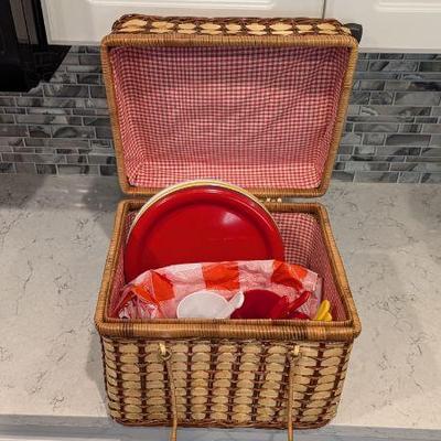 Lot #27 - Vintage Picnic Basket with Colorful Tableware Set