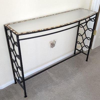 Lot #48 - Elegant Metal Console Table with Glass Top and Mosaic Tile Insets