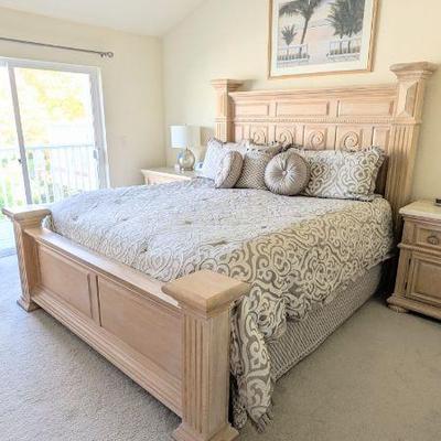 Lot #40 - American Drew King Panel Bed, & Lot #41 - J Queen New York King Size Comforter, Pillow Shams, Decorative Pillows & Bed...