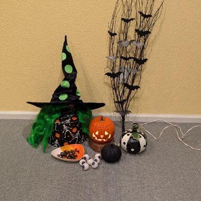 Lot #88 - Halloween Decor Bundle - Witch Hat, Twig Tree, Pumpkins & Spooky Accessories