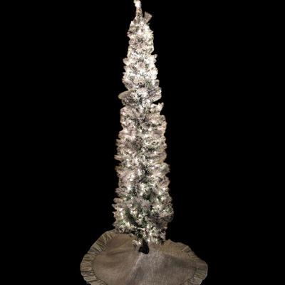 Lot #98 - 7ft Ultra Slim Pre-Lit Flocked Brewster Pine Christmas Tree with Metal Stand and Silver Tree Skirt
