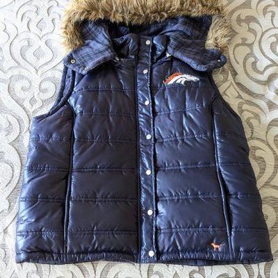 Lot #63 - Women's Size Large NFL PINK Victoria's Secret Denver Broncos Puffer Vest with Detachable Hood