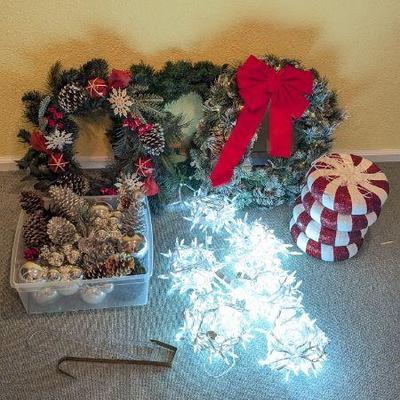 Lot #92 - Holiday Decor Bundle - Artificial Wreaths, LED Lights, Ornaments & Pine Cones