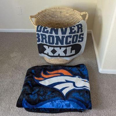 Lot #80 - Denver Broncos Fan Lot – Woven Basket, Throw Blanket & Gray XXL Throw Blanket
