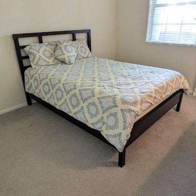 Lot #83 - Like New Modern Queen Bed Frame & Denver Mattress Co. Box Spring & Mattress, With Yellow/Gray Bedding Set