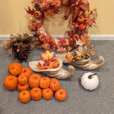 Lot #89 - Autumn Décor Collection - Wreath, Cornucopias, Faux Pumpkins & Fabric Turkey Decoration