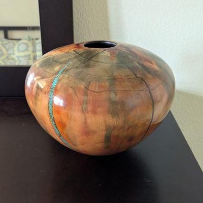 Lot #85 - Outstanding Signed Marc Wroe Modern Lathe-Turned Ponderosa Pine Wood Art Vase w/ Turquoise Inlay