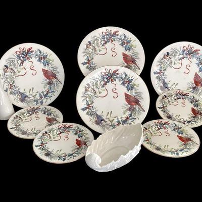 KAAR546 Lenox “Winter Greetings” By Catherine McClung	4 dinner plates, 4 side plates, acanthus leaf dish and small gold edge bud...