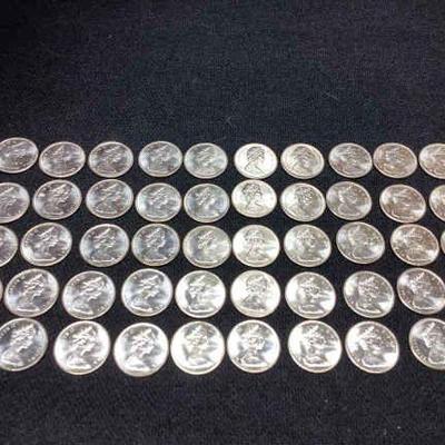 KIHE718 50 1967 Canadian Uncirculated Silver Dimes	80% silver 20% copper These were labeled "brilliant uncirculated" and...
