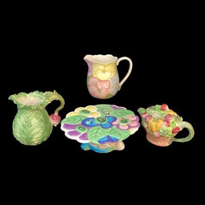 KAAR560 Harry And David Cake Plate, Fitz And Floyd-esque Teapot And Pitchers	Collection of serving wares. Harry and David rabbit cake...