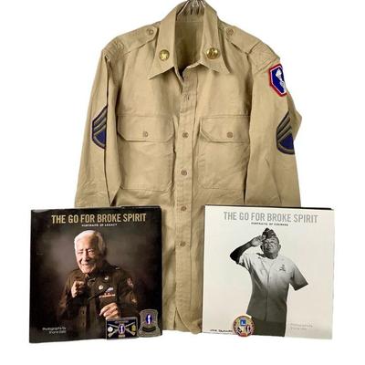 WATA211 “Go For Broke” Items, Book Signed By Author & 7 Vets	Vintage US Army shirt, 2 hardcover The GO For Broke Spirit books by...
