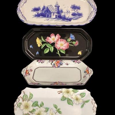 KAAR549 Vintage Serving Trays	Blue and white hand painted platter from Portugal; Whieldon Ware Numbered plate from England; Tiffany...