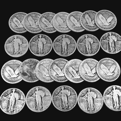 ALSH201 Coins, Standing Liberty Quarters	24 Mixed Standing Liberty Quarters, some dates visible
