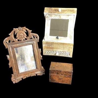 ROHU538 Wooden Boxes And “Victorian” Style Photo Frame	One light wood mirror in a box with drawer and storage nook.  Small dark wood box...