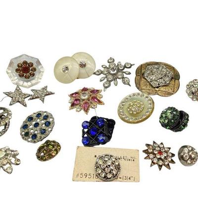 KIHE719 Assortment Of Vintage Rhinestone, Buttons	Collection of shiny colorful pieces. Bake A Lite, celluloid, pot metal settings. 
