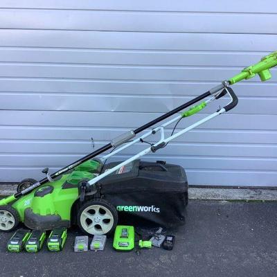 ROMA610 Greenworks Cordless Lawn Mower And Pole Saw	This lot includes a Greenworks Model:25302 20" cordless lawnmower and a lithium...