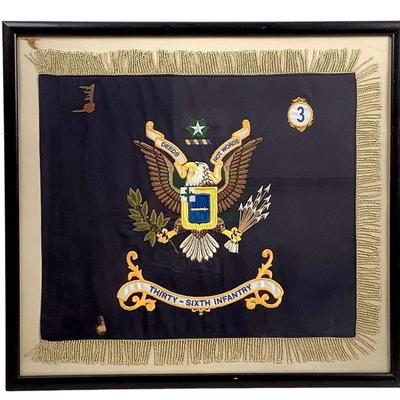 WATA209 Vintage Military Flag #2	36 Infantry Regiment, 3 battalion U.S Army Flag, in a black trim frame.
