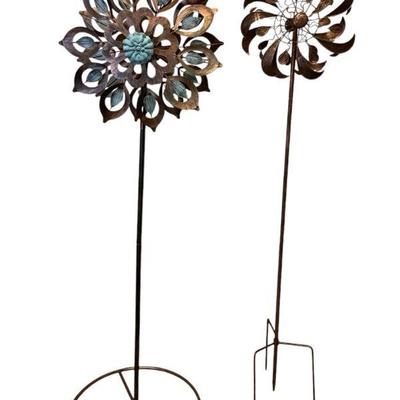 ROMA606 Two Metal Wind Spinners	One has a full above ground stand (20x20x H61.5), it has teal like accents the head is about 19 inches...
