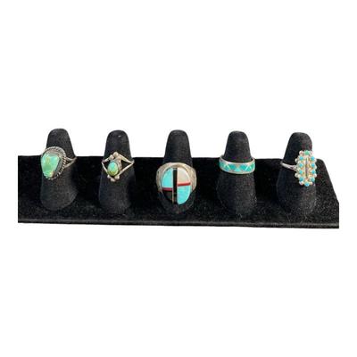 LYZE924 An Assortment Of 5 Native Style Turquoise And Silver Rings	None of these 5 rings are stamped sterling. The Zuni turquoise ring is...