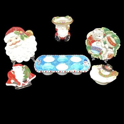 KAAR559 Fitz And Floyd And Temptations Holiday Ceramics And More	Temp-tations ceramic muffin pan; Fitz and Floyd Santa candy dish; Fitz...
