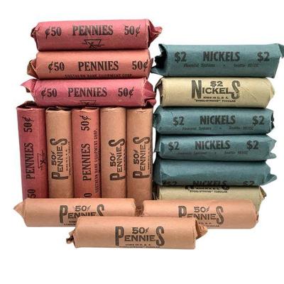 ALSH206 Unsorted Pennies & Nickel Coins	11 Penny rolls & 6 Nickel rolls
