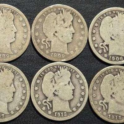 BARBER QUARTERS 90% SILVER 6 GRAMS EA (1899 (2) 1906, 1907, 1912, 1915)