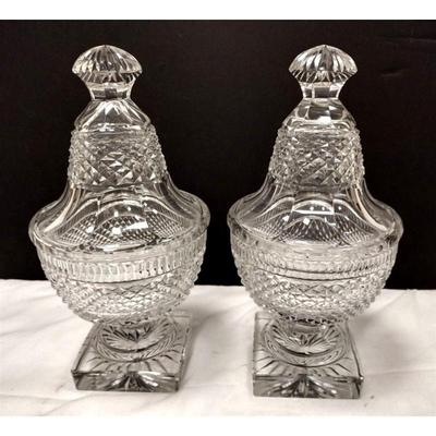 PAIR OF CRYSTAL LIDDED URNS