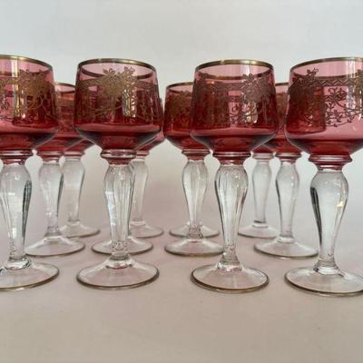 Set of 12Vintage Bohemian Cranberry Cordial Glasses with Gilt Etched Pattern
