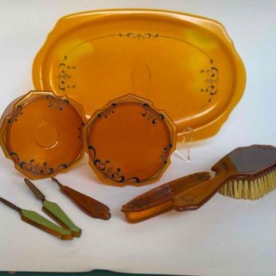 Vintage Art Deco Amber Pyralin Celluloid Vanity Set