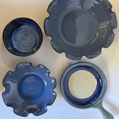 Lot of Handmade Blue Pottery Pieces

