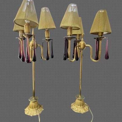 Pair of Gilt Metal Buffet Lamps with Amethyst Crystals
