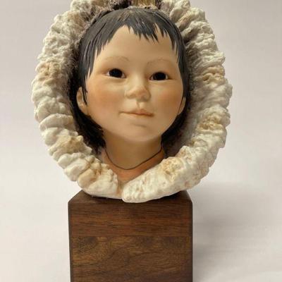 Vintage Cybis Porcelain Eskimo Boy “Snow Bunting” on Wood Base
