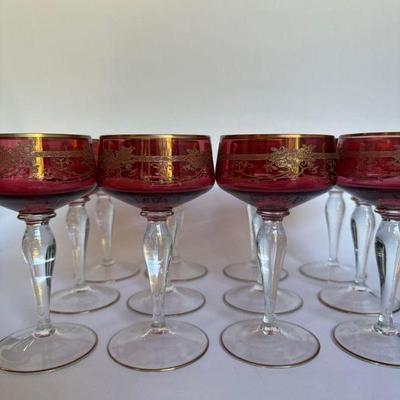 Set of 12 Cranberry Bohemian Coupes With Gold Rim and Clear Stems
