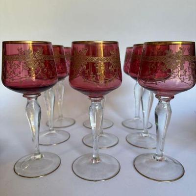 Set of 10 Cranberry Bohemian Wine Glasses With Gold Rim and Clear Stems
