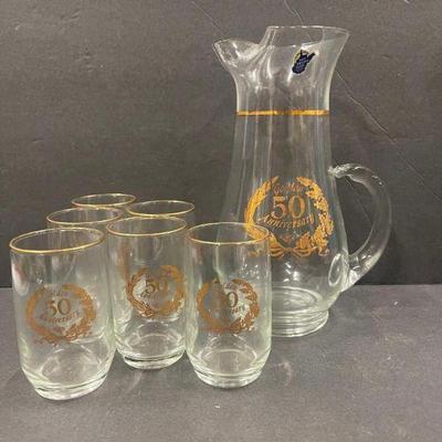 Vintage West Virginia Glass 50th Anniversary Glass Pitcher with 6 Glasses
