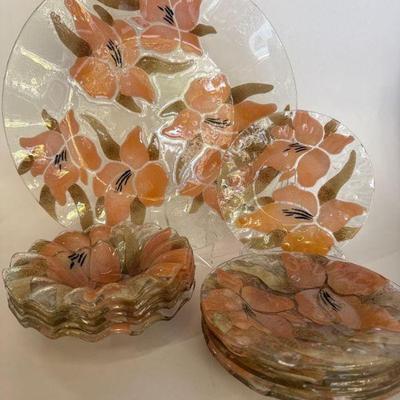 Sydenstricker Dessert Set, Pink Lily Design, Signed Underside
