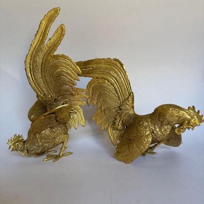 Pair of Vintage Brass Fighting Roosters