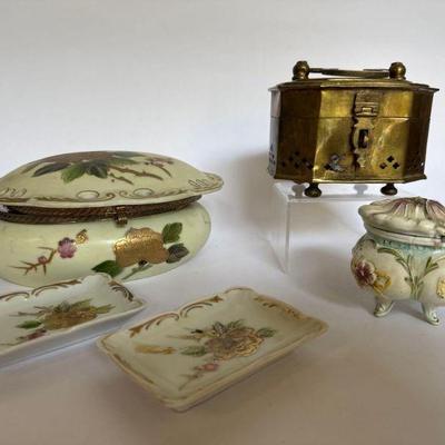 Lot of Vintage Brass & Hand Painted Decorative Porcelain Boxes
