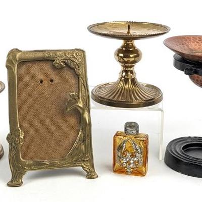 #99 • Art Nouveau Brass Picture Frame, Candle Holders, Perfume Bottle & Wax Warmer
