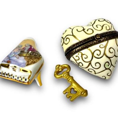 #145 • Hinged Porcelain Heart Trinket Box and Miniature Limoges France Piano
